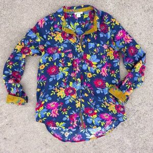 Sundance Floral Button Down Blouse Navy Blue Boho Vibrant Floral Print | Size XS